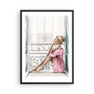 Poster în ramă neagră - O femeie într-un halat de baie roz stă pe un balcon - 50x70cm - Dimineață pariziană - Decorațiune modernă pentru perete pentru living și dormitor ARTTOR