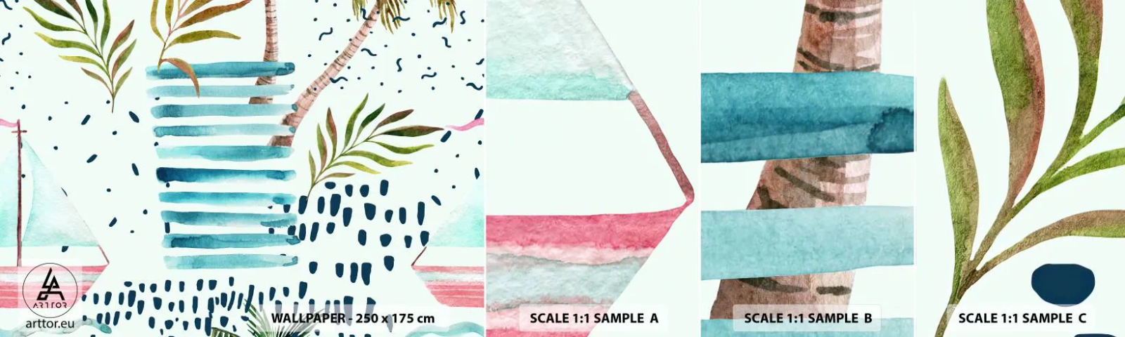 Mostră tapet autocolant Deluxe Sticker - Vacanță sub palmieri - Acuarele, Palmier de nuca de cocos, Barcă cu pânze - 100x30 cm