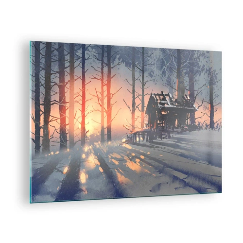 Tablou pe sticlă - Pădure de iarnă la apus cu o cabană în fundal - 70x50cm - Doar soarele se strecoară - Decorațiune modernă pentru perete pentru living și dormitor ARTTOR