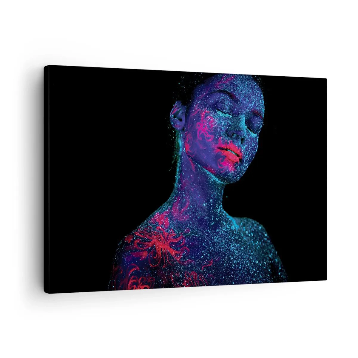 Tablou pe pânză Canvas - Portretul unei femei în culori neon pe fundal negru - 70x50cm - În praf de stele - Decorațiune modernă pentru perete pentru living și dormitor ARTTOR