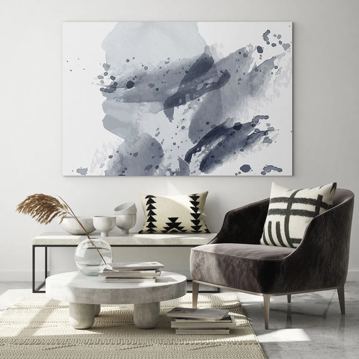 Tablou pe sticlă - Pete de acuarelă albastru-gri care seamănă cu apa în mișcare - 70x50cm - Un studiu al naturii de apă - Decorațiune modernă pentru perete pentru living și dormitor ARTTOR