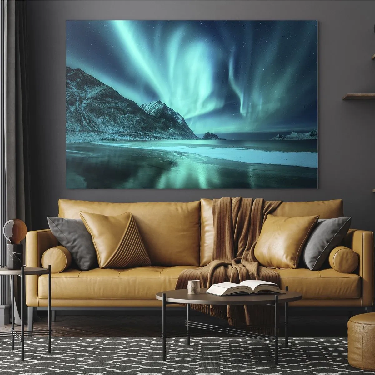 Tablou pe sticlă - Aurora boreală peste un peisaj montan și o mare înghețată - 70x50cm - Minunile din nord - Decorațiune modernă pentru perete pentru living și dormitor ARTTOR