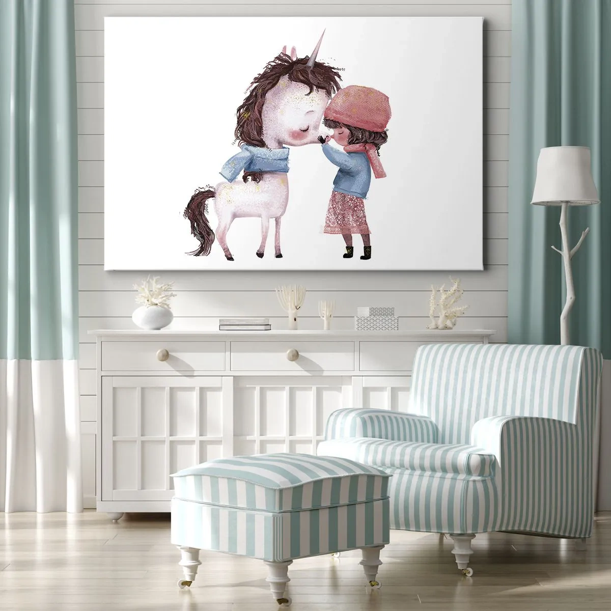 Tablou pe pânză Canvas - O fată și un unicorn într-un peisaj de iarnă - 70x50cm - O poveste de iarnă - Decorațiune modernă pentru perete pentru living și dormitor ARTTOR