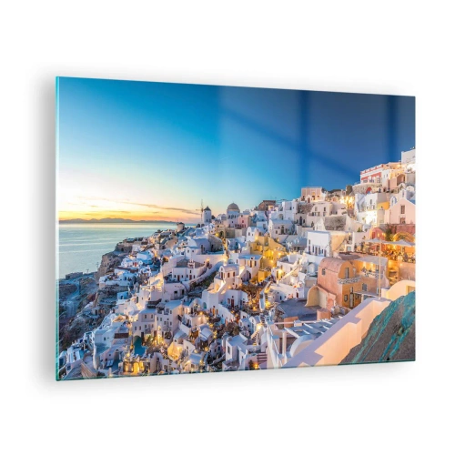 Tablou pe sticlă - Panorama orașului Santorini la apus - 70x50cm - Esența grecității - Decorațiune modernă pentru perete pentru living și dormitor ARTTOR