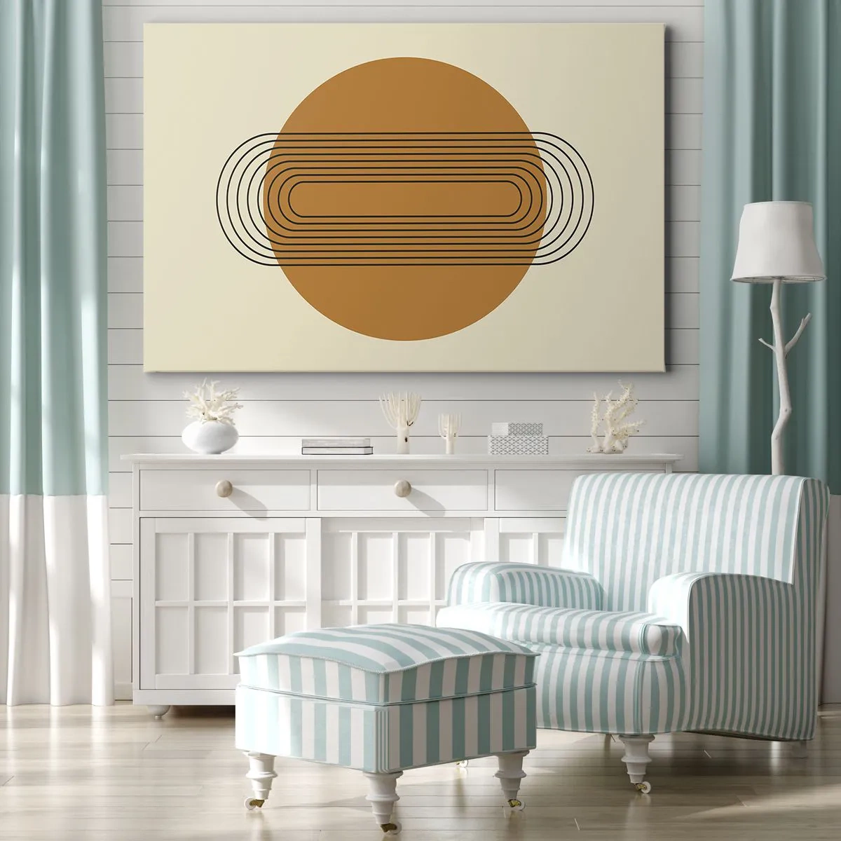 Tablou pe pânză Canvas - Model geometric cu cercuri și linii portocalii - 70x50cm - Planul perfect - Decorațiune modernă pentru perete pentru living și dormitor ARTTOR