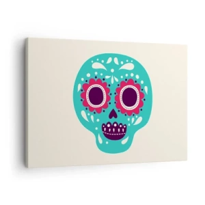 Tablou pe pânză Canvas - Un craniu de zahăr turcoaz și violet inspirat de cultura mexicană - 70x50cm - Viața - distracție până la moarte - Decorațiune modernă pentru perete pentru living și dormitor ARTTOR
