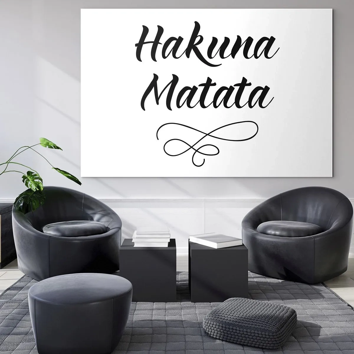 Tablou pe sticlă - Litere Hakuna Matata cu accent decorativ pe fundal alb - 70x50cm - Cel mai bun sfat - Decorațiune modernă pentru perete pentru living și dormitor ARTTOR