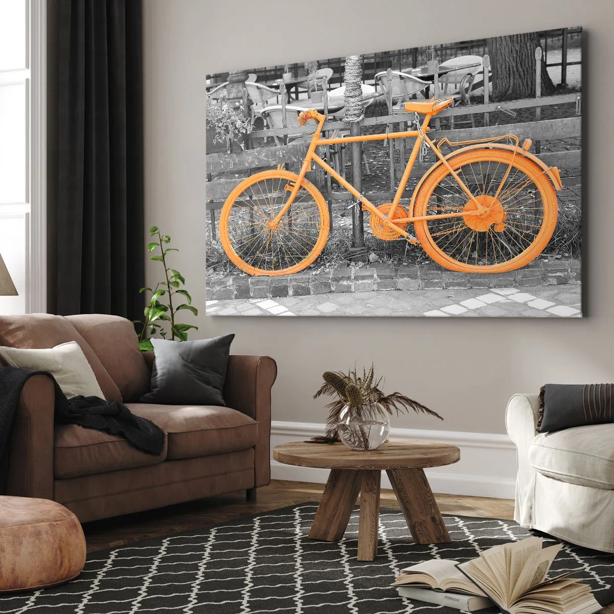 Tablou pe pânză Canvas - Fotografie artistică a unei biciclete galbene pe un fundal alb-negru - 70x50cm - Du-te, eu aștept aici - Decorațiune modernă pentru perete pentru living și dormitor ARTTOR