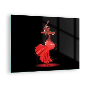 Tablou pe sticlă - Dansatoare de flamenco într-o rochie roșie pe un fundal negru - 70x50cm - Spiritul înflăcărat al flamenco-ului - Decorațiune modernă pentru perete pentru living și dormitor ARTTOR