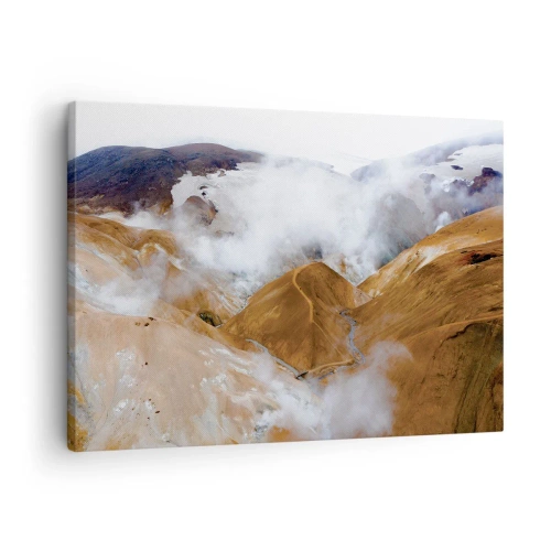 Tablou pe pânză Canvas - Un peisaj montan cu abur într-un climat aspru - 70x50cm - Frumusețea sălbatică a Islandei - Decorațiune modernă pentru perete pentru living și dormitor ARTTOR