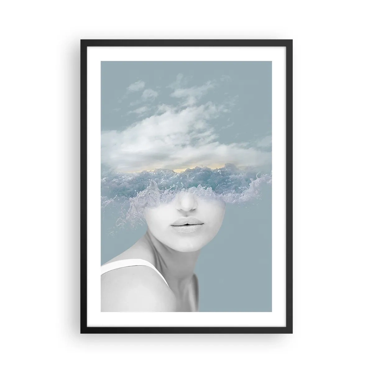 Poster în ramă neagră - O femeie cu valuri oceanice în loc de ochi - 50x70cm - Cu capul în nori - Decorațiune modernă pentru perete pentru living și dormitor ARTTOR