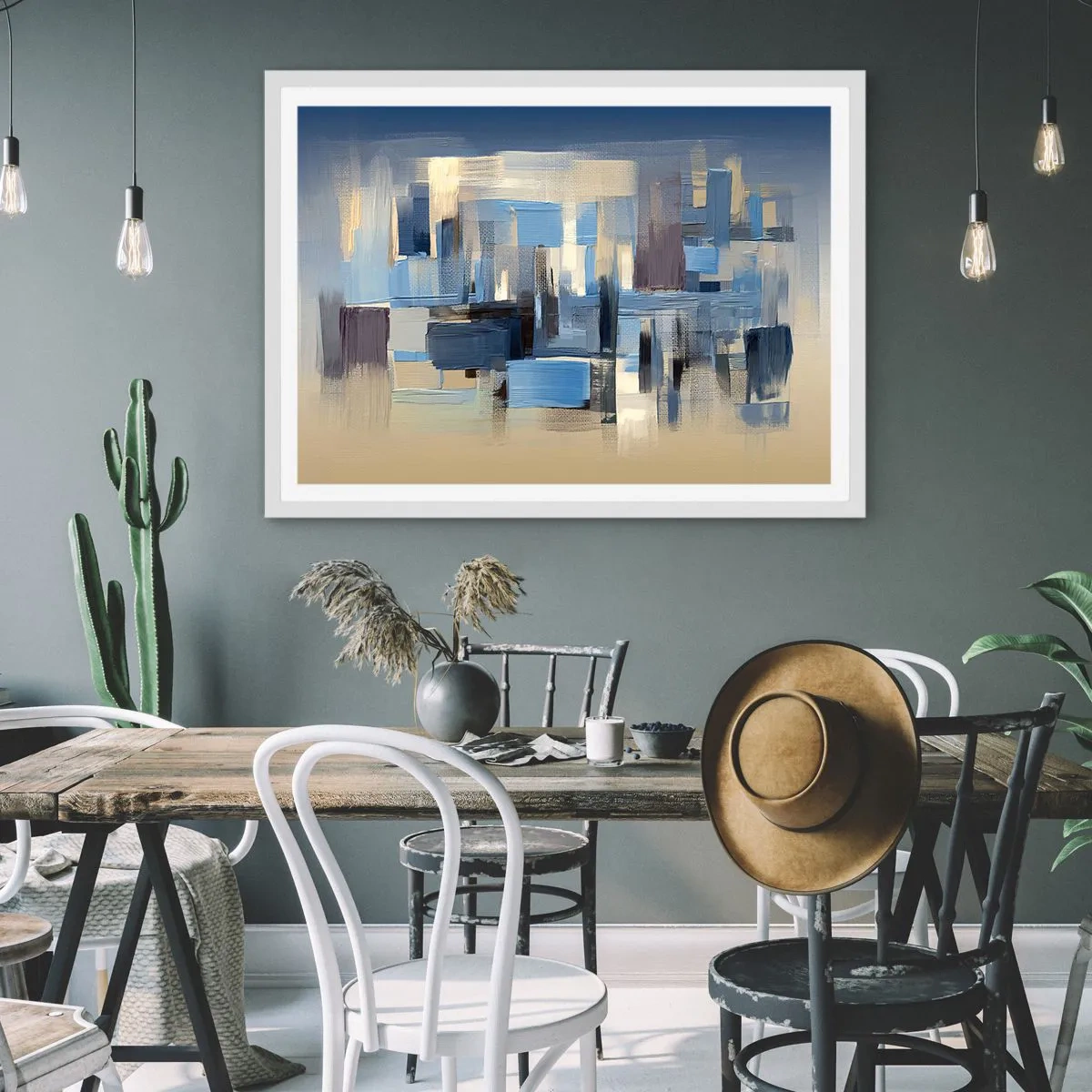 Poster în ramă albă - Construcție albastră - 91x61 cm