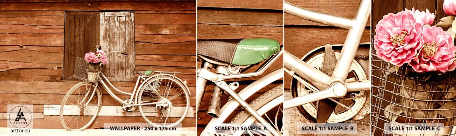 Mostră tapet autocolant Deluxe Sticker - Mă întorc imediat - Bicicleta, Flori, Casa de lemn - 100x30 cm