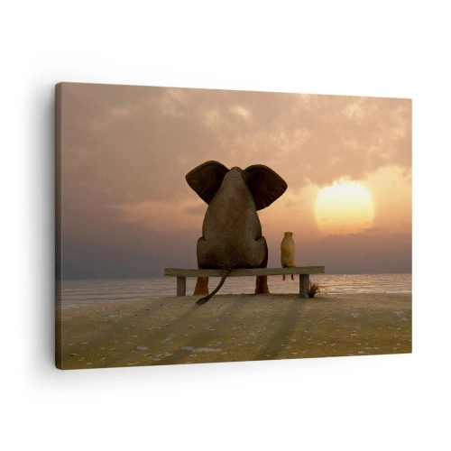 Tablou pe pânză Canvas - Un elefant și un câine stau pe o bancă pe plajă în timpul apusului. - 70x50cm - Este bine să tăcem împreună - Decorațiune modernă pentru perete pentru living și dormitor ARTTOR