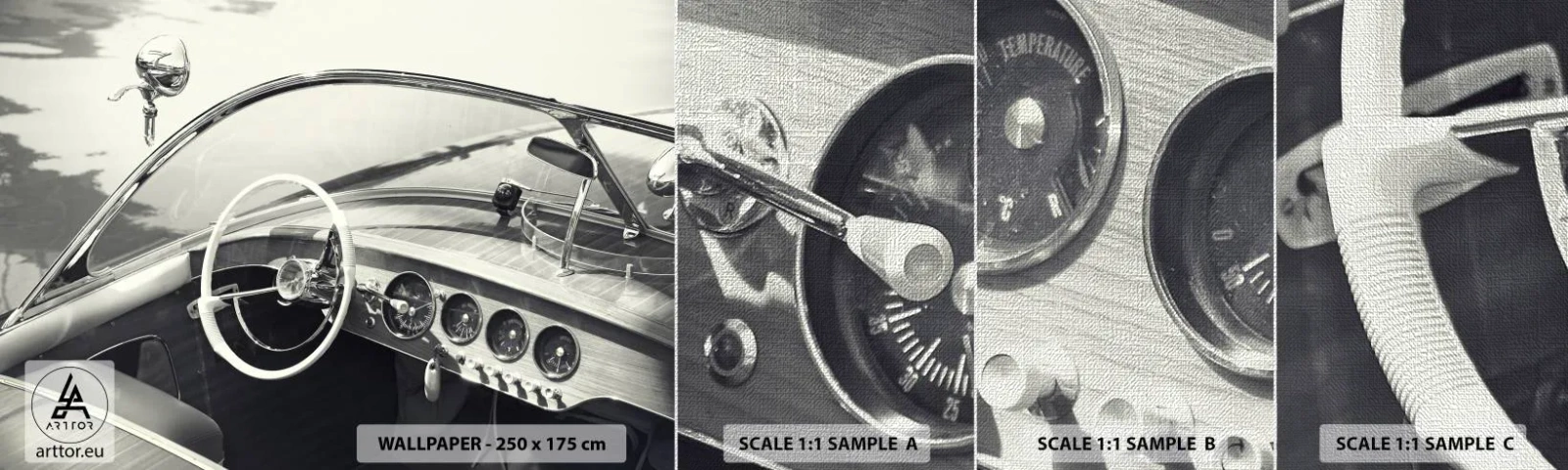 Mostră tapet Premium Canvas - E timpul pentru cei bogați - Barcă de epocă, Barcă cu motor, alb-negru - 100x30 cm