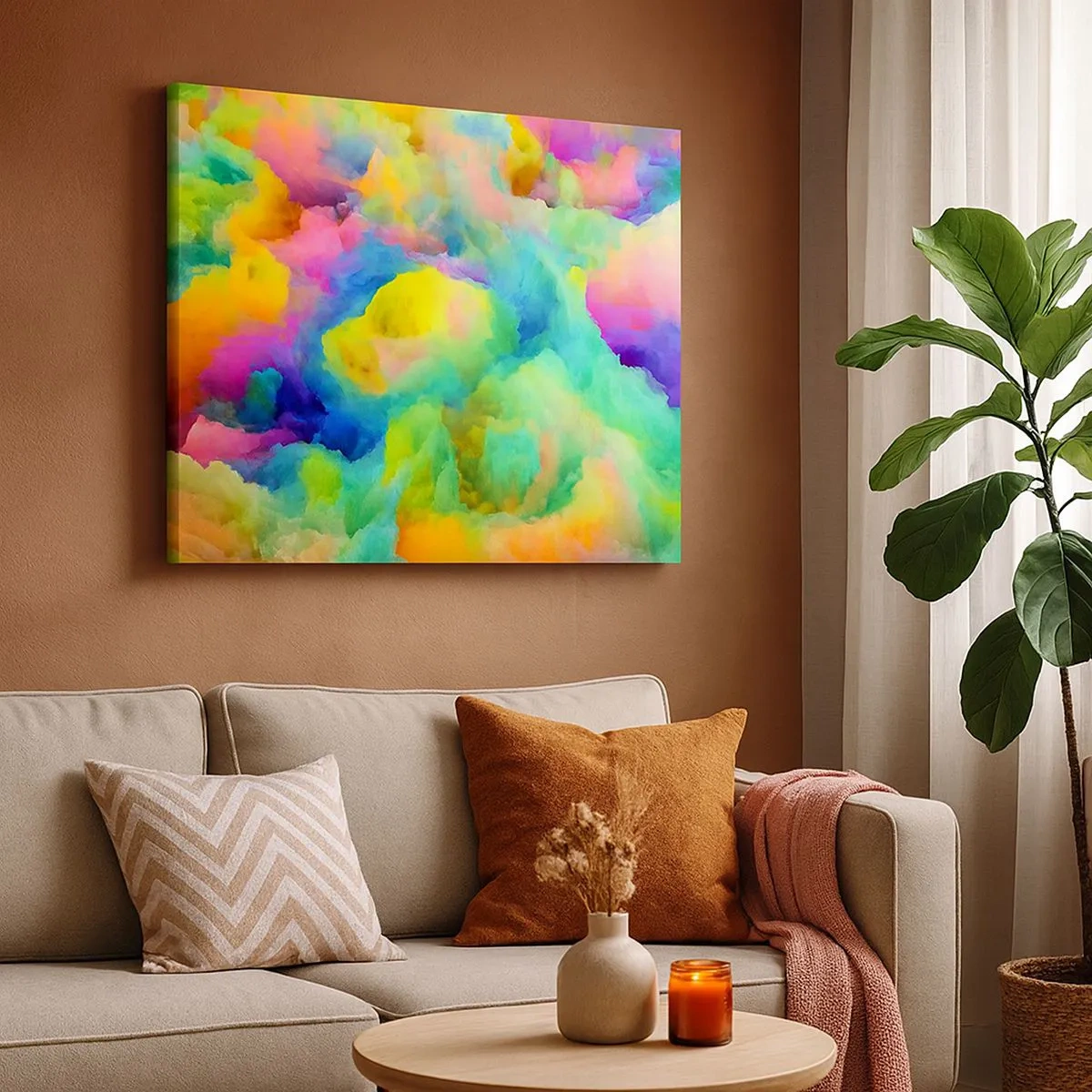 Tablou pe pânză Canvas - Compoziție abstractă în culorile curcubeului - 70x50cm - Puf multicolor - Decorațiune modernă pentru perete pentru living și dormitor ARTTOR