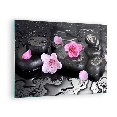 Tablou pe sticlă - Pietre spa cu flori pe un fundal umed - 70x50cm - Piatră de pe inimă - Decorațiune modernă pentru perete pentru living și dormitor ARTTOR
