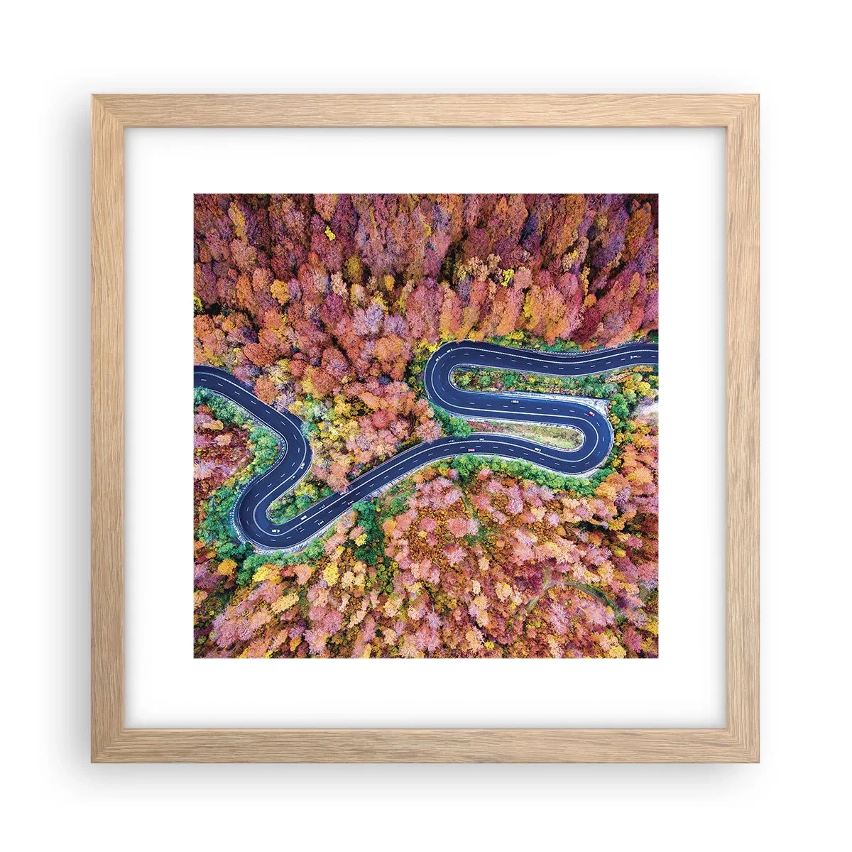 Poster în ramă de stejar deschis - Un drum șerpuit prin pădure - 30x30 cm