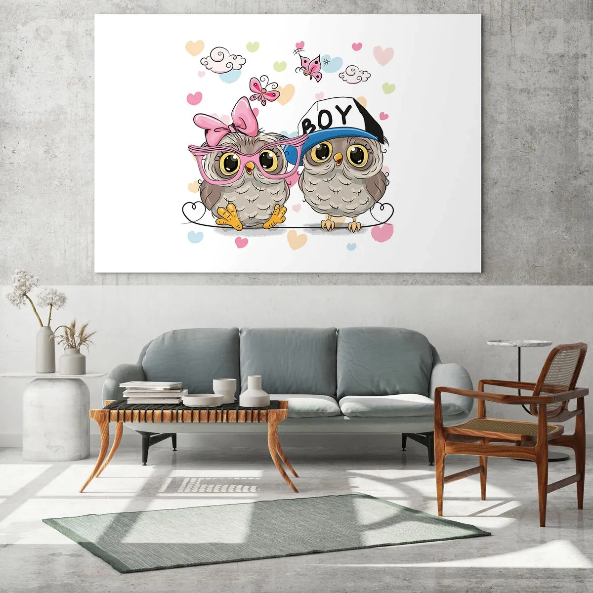 Tablou pe sticlă - O pereche de bufnițe vesele într-o compoziție pastelată - 70x50cm - Să ne iubim! - Decorațiune modernă pentru perete pentru living și dormitor ARTTOR