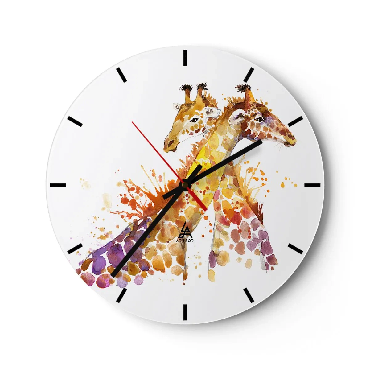 Ceas de perete - Ceas pe sticlă - Două girafe în stil acuarelă - 30x30cm - Prietenie sau dragoste - Decorațiune modernă pentru perete pentru living, bucătărie și dormitor ARTTOR