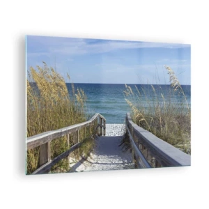 Tablou pe sticlă - Calea spre plajă cu vedere la mare - 70x50cm - În soare, în vânt - Decorațiune modernă pentru perete pentru living și dormitor ARTTOR