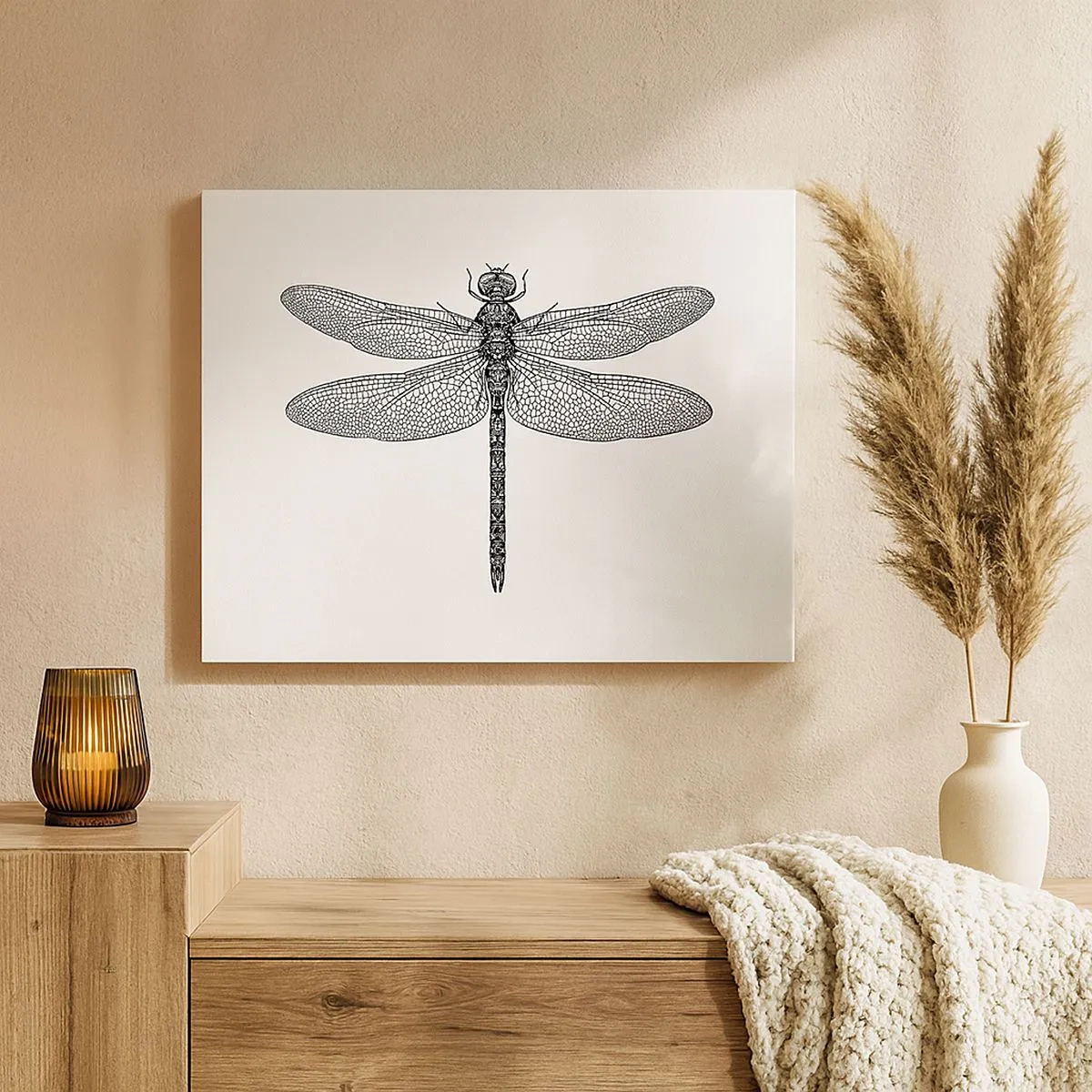 Tablou pe pânză Canvas - Desen alb-negru al unei libelule pe fundal alb, într-un stil minimalist - 70x50cm - Precizia naturii - Decorațiune modernă pentru perete pentru living și dormitor ARTTOR