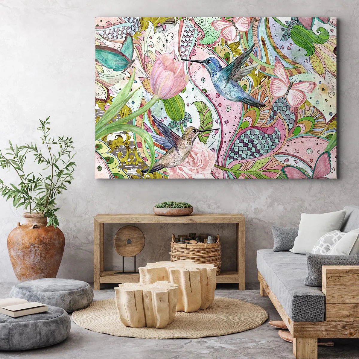 Tablou pe pânză Canvas - Colibri și fluturi colorați printre plante - 70x50cm - Încurcat în viță de vie - Decorațiune modernă pentru perete pentru living și dormitor ARTTOR