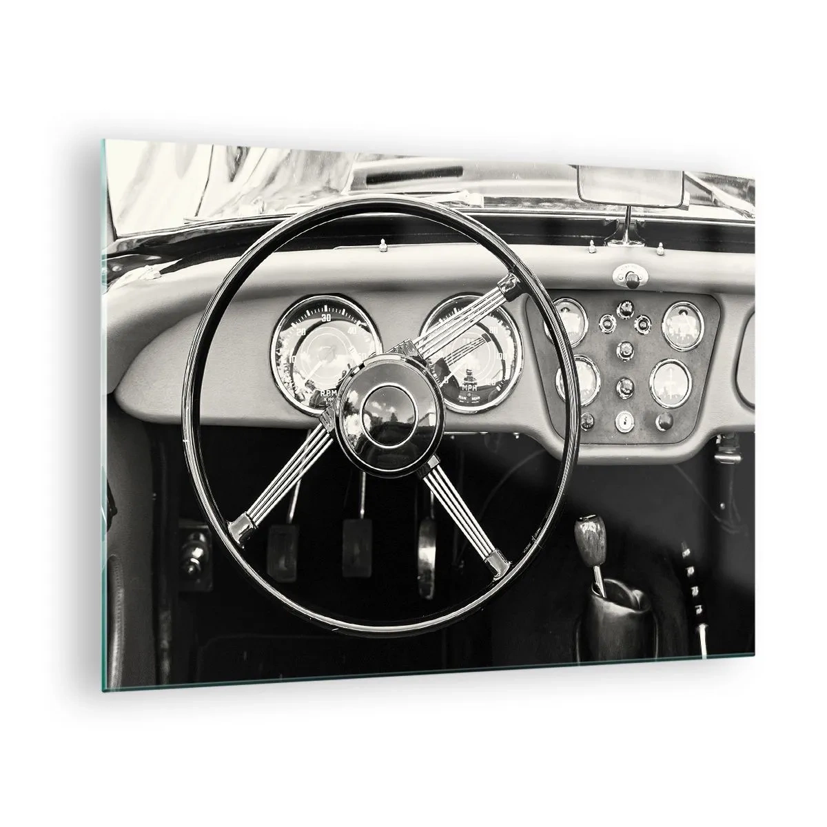 Tablou pe sticlă - Volanul și ceasurile unei mașini clasice în sepia - 70x50cm - Visul unui colecționar - Decorațiune modernă pentru perete pentru living și dormitor ARTTOR