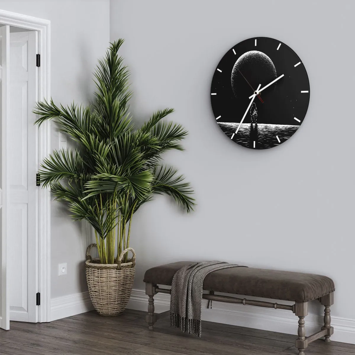 Ceas de perete - Ceas pe sticlă - Silueta unui astronaut în fața unei planete mari în spațiu - 30x30cm - Față în față - Decorațiune modernă pentru perete pentru living, bucătărie și dormitor ARTTOR