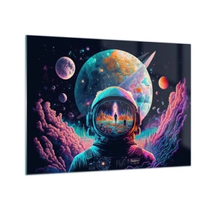 Tablou pe sticlă - Un peisaj spațial cu un astronaut și o planetă suprarealistă. - 70x50cm - Visul nevisat al filozofiilor - Decorațiune modernă pentru perete pentru living și dormitor ARTTOR