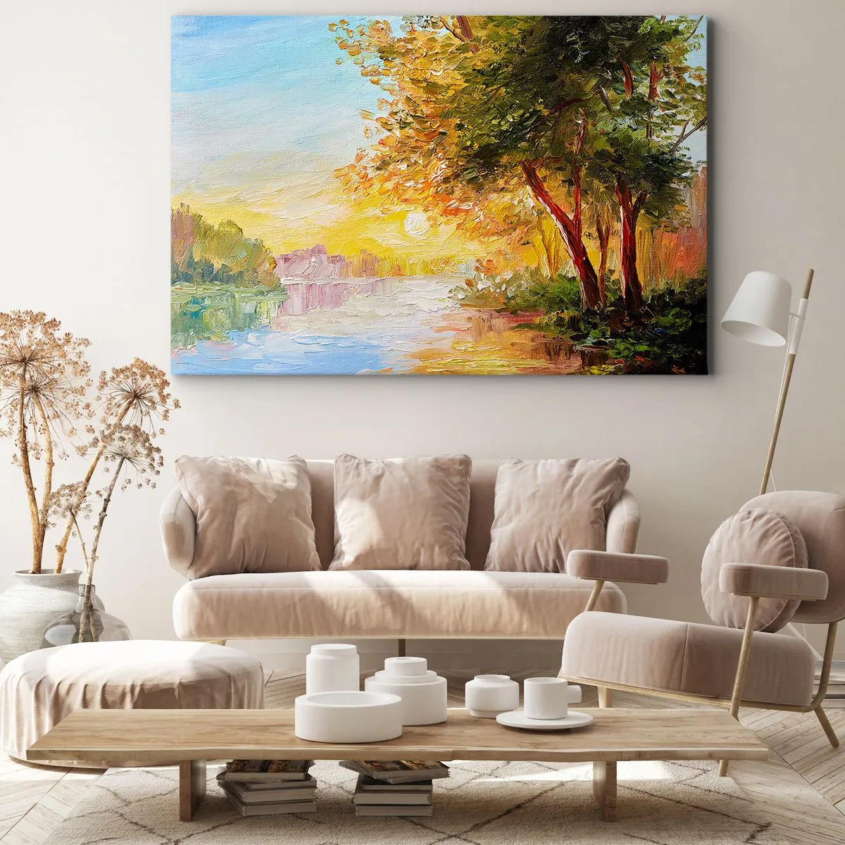 Tablou pe pânză Canvas - Un peisaj pitoresc cu un râu și copaci la apus - 70x50cm - Et in Arcadia ego - Decorațiune modernă pentru perete pentru living și dormitor ARTTOR