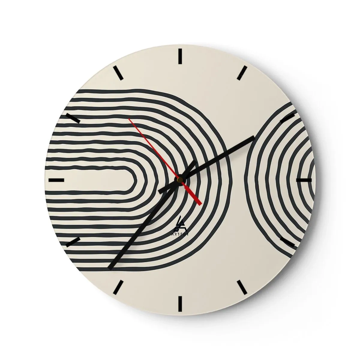 Ceas de perete - Ceas pe sticlă - Linii geometrice sub formă de valuri concentrice pe un fundal bej - 30x30cm - În curând... - Decorațiune modernă pentru perete pentru living, bucătărie și dormitor ARTTOR