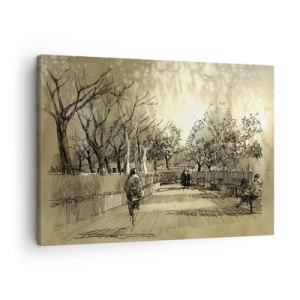 Tablou pe pânză Canvas - O scenă de desene animate cu un parc cu oameni care se plimbă în tonuri calde. - 70x50cm - Un moment reținut cu pene - Decorațiune modernă pentru perete pentru living și dormitor ARTTOR