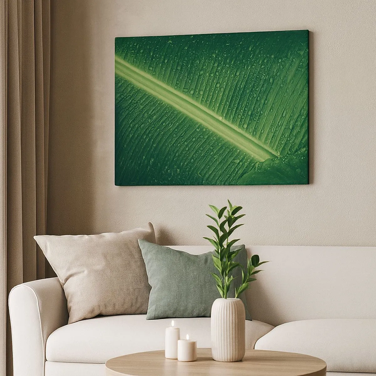 Tablou pe pânză Canvas - O frunză verde cu picături de apă pe suprafața ei - 70x50cm - Structura verdelui - Decorațiune modernă pentru perete pentru living și dormitor ARTTOR