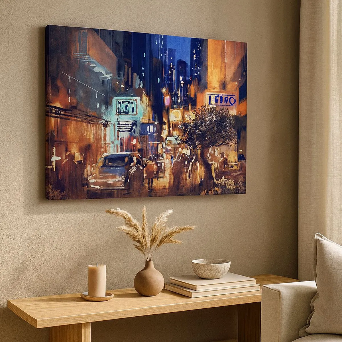 Tablou pe pânză Canvas - Peisaj urban de seară în stil impresionist - 70x50cm - Iar orașul nu doarme - Decorațiune modernă pentru perete pentru living și dormitor ARTTOR
