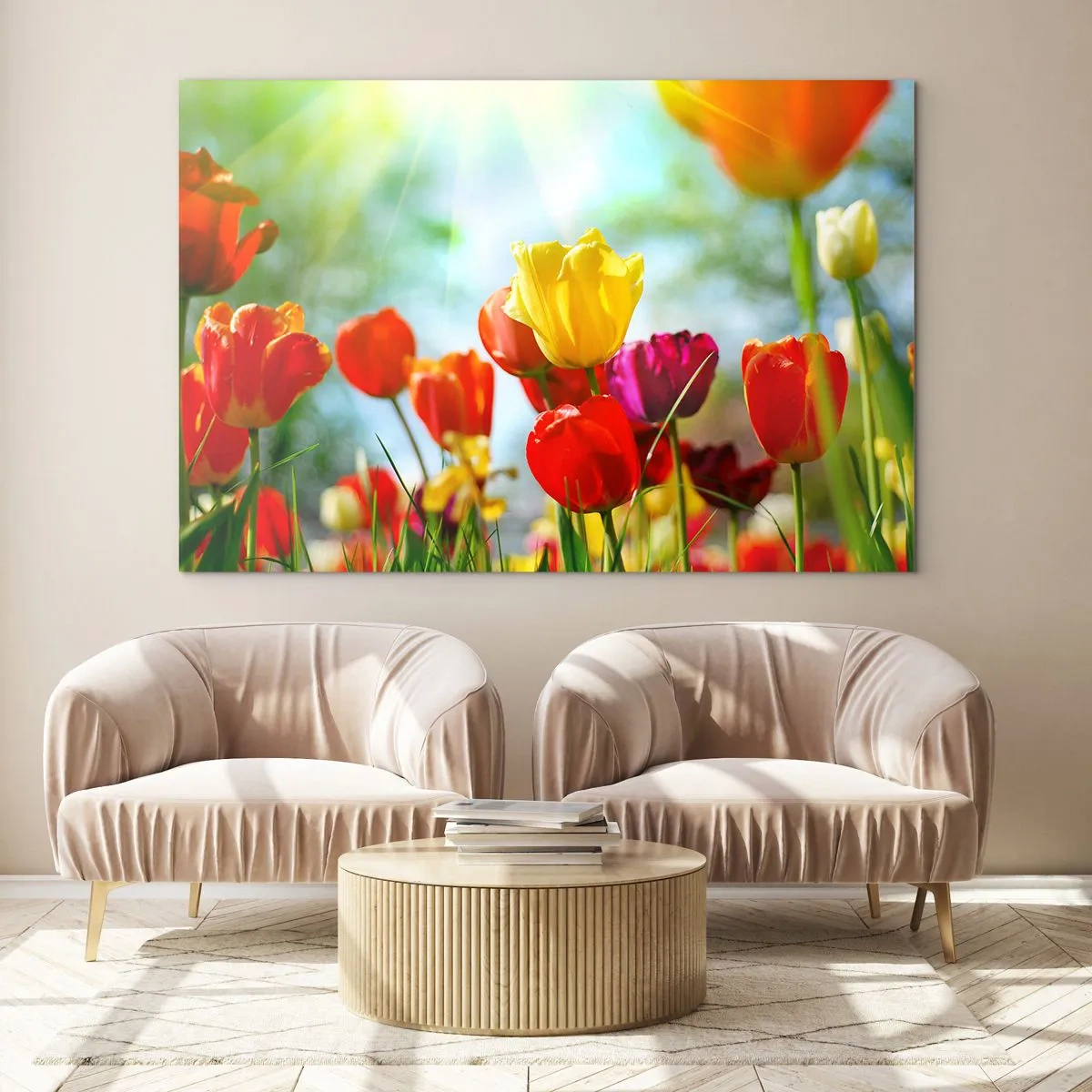 Tablou pe sticlă - Lalele colorate iluminate de razele soarelui - 70x50cm - Toate culorile soarelui - Decorațiune modernă pentru perete pentru living și dormitor ARTTOR