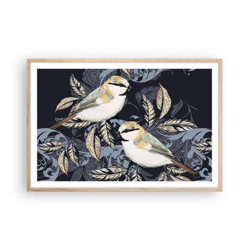 Poster în ramă de stejar deschis - Ciripirile galben-albastru - 91x61 cm