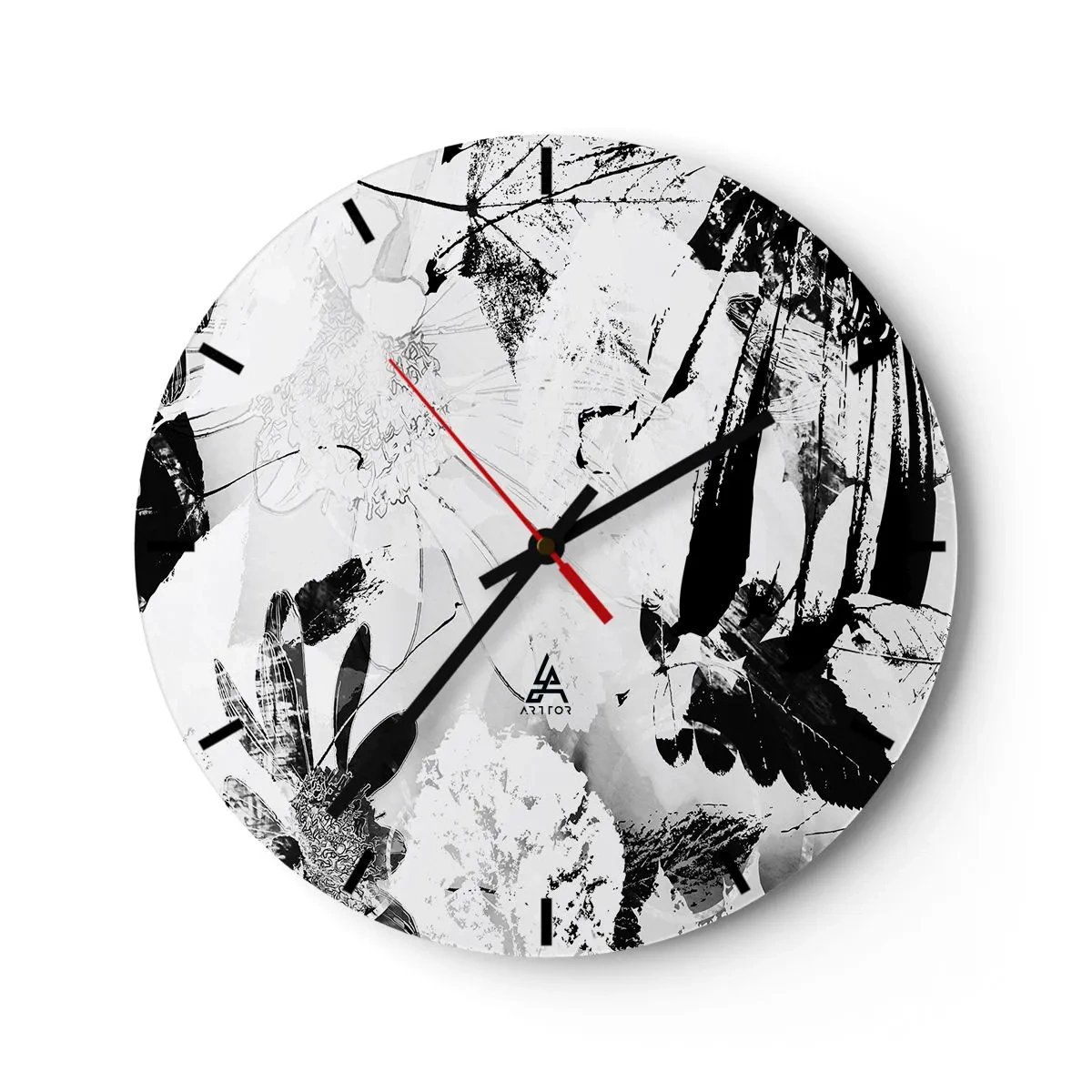 Ceas de perete - Ceas pe sticlă - Model floral și cu frunze alb-negru într-un stil artistic - 30x30cm - Toamna în negativ - Decorațiune modernă pentru perete pentru living, bucătărie și dormitor ARTTOR