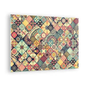 Tablou pe sticlă - Un model colorat inspirat de plăcile marocane cu motive geometrice - 70x50cm - Clima marocană - Decorațiune modernă pentru perete pentru living și dormitor ARTTOR