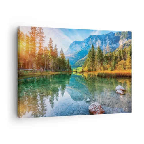 Tablou pe pânză Canvas - Un lac pitoresc înconjurat de munți și păduri - 70x50cm - Blândețea toamnei - Decorațiune modernă pentru perete pentru living și dormitor ARTTOR
