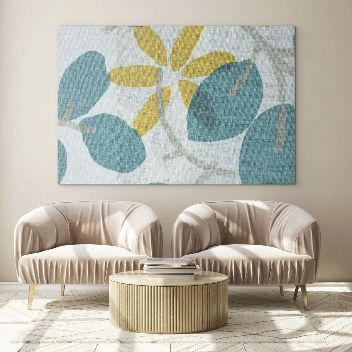 Tablou pe sticlă - O grafică vegetală cu frunze azurii și flori galbene - 70x50cm - Printre frunzele de azur - Decorațiune modernă pentru perete pentru living și dormitor ARTTOR