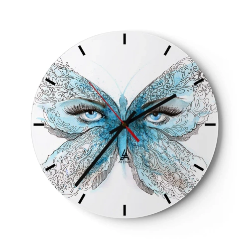 Ceas de perete - Ceas pe sticlă - Fluture albastru cu detalii oculare și model artistic delicat - 30x30cm - Polyommatus eros - Decorațiune modernă pentru perete pentru living, bucătărie și dormitor ARTTOR