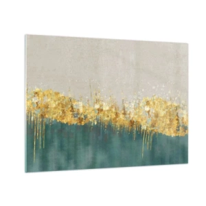Tablou pe sticlă - Accentele aurii creează o graniță între bej și verde sticlă - 70x50cm - Frontiera de aur - Decorațiune modernă pentru perete pentru living și dormitor ARTTOR