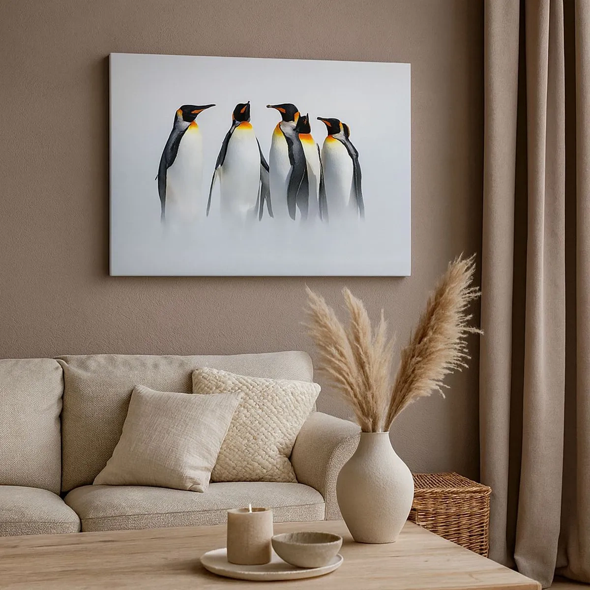 Tablou pe pânză Canvas - Un grup de pinguini imperiali în ceața de iarnă - 70x50cm - Întâlnire în rochie de seară - Decorațiune modernă pentru perete pentru living și dormitor ARTTOR