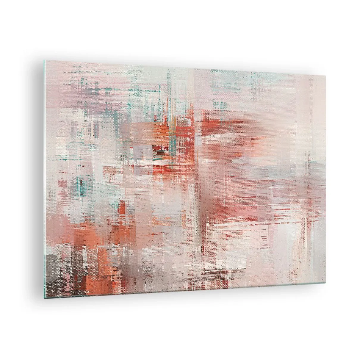 Tablou pe sticlă - O compoziție abstractă în nuanțe de roșu și bej. - 70x50cm - În ceață. Dar roz - Decorațiune modernă pentru perete pentru living și dormitor ARTTOR
