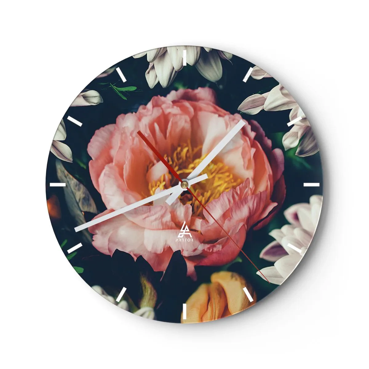 Ceas de perete - Ceas pe sticlă - Prim-plan al unei flori de bujor roz înconjurate de alte flori - 30x30cm - Cu splendoare barocă - Decorațiune modernă pentru perete pentru living, bucătărie și dormitor ARTTOR
