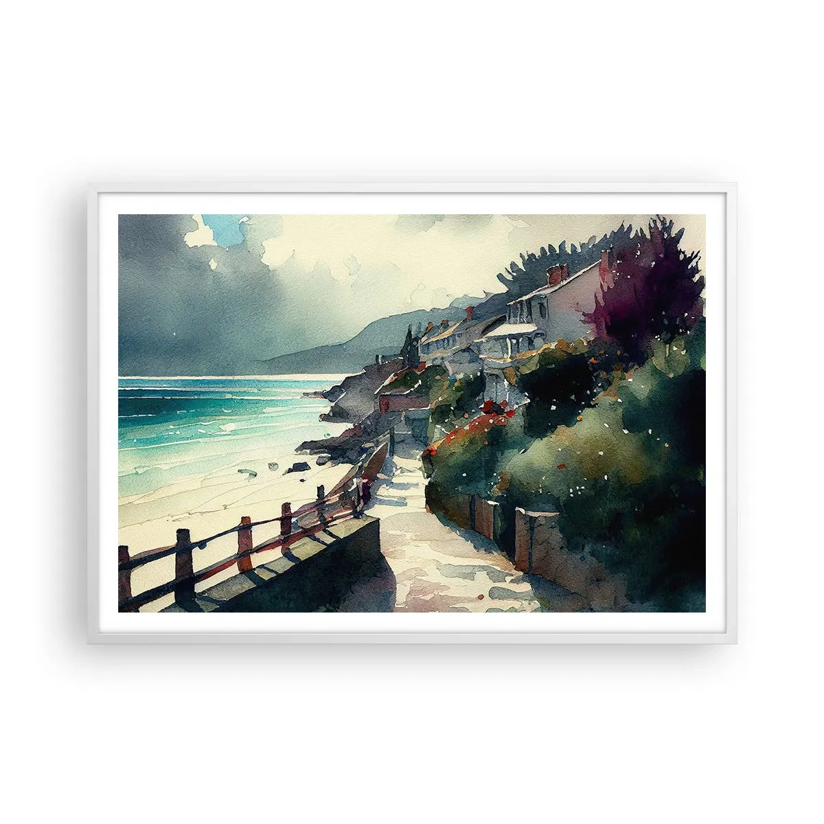 Poster în ramă albă - Orășel mediteraneean - 100x70 cm