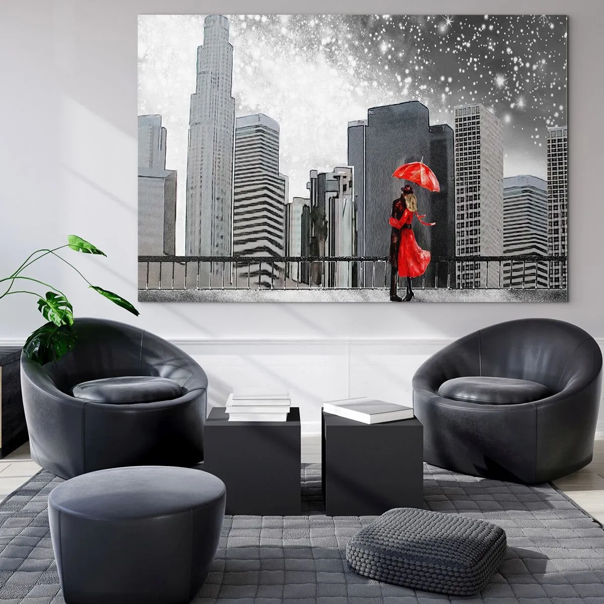 Tablou pe sticlă - Un cuplu cu o umbrelă roșie stând în fața unui peisaj urban noaptea - 70x50cm - Un om, nu o piatră - Decorațiune modernă pentru perete pentru living și dormitor ARTTOR