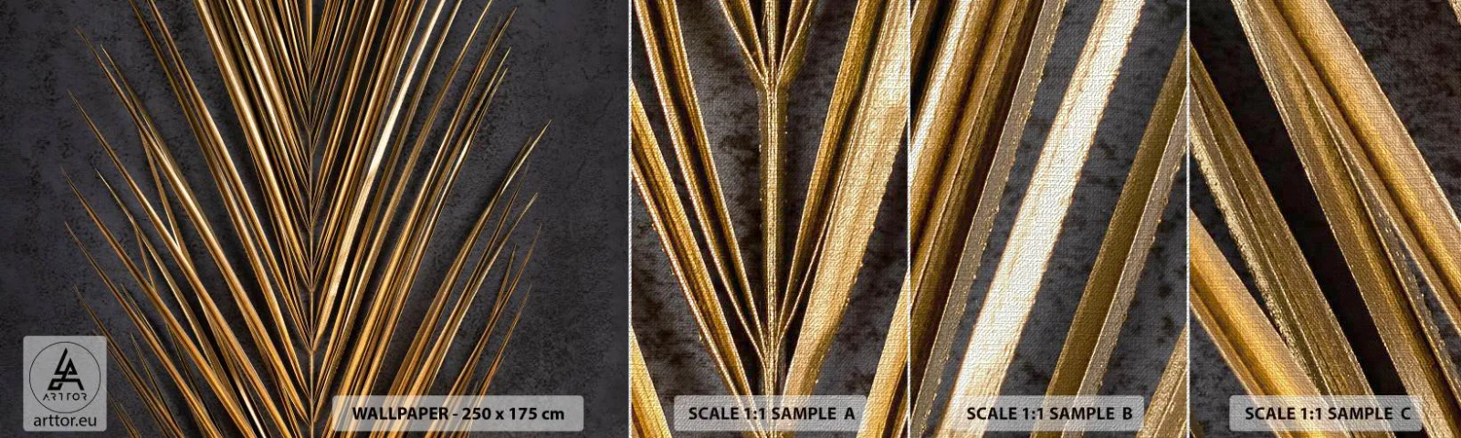 Mostră tapet Premium Canvas - Aur tropical - Frunza de palmier, Bucată, Abstracția - 100x30 cm