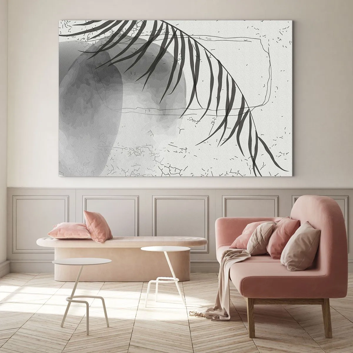 Tablou pe sticlă - Grafică cu umbră de frunze de palmier alb-negru - 70x50cm - Exotismul subtil al naturii - Decorațiune modernă pentru perete pentru living și dormitor ARTTOR